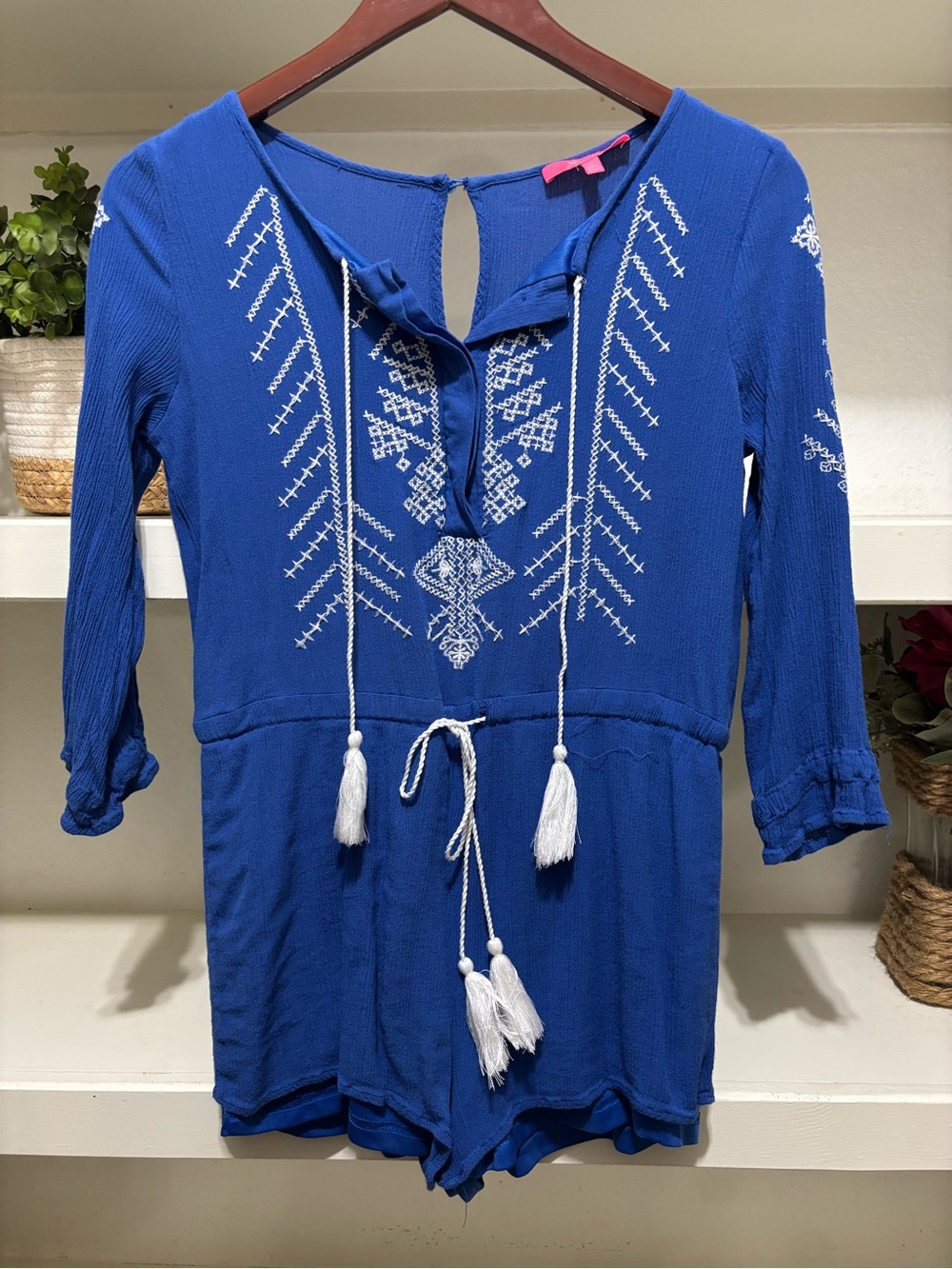 Xtaren Royal Blue Embroidered Tunic Romper with White Tassels